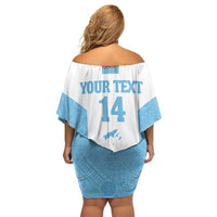 Custom Fiji Tapa Rugby Family Matching Off Shoulder Short Dress and Hawaiian Shirt Flying Fijian Blue And White Version