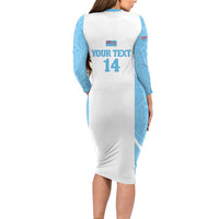 Custom Fiji Tapa Rugby Long Sleeve Bodycon Dress Flying Fijian Blue And White Version