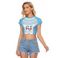 Custom Fiji Tapa Rugby Raglan Cropped T Shirt Flying Fijian Blue And White Version