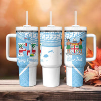 Custom Fiji Tapa Rugby Tumbler With Handle Flying Fijian Blue And White Version