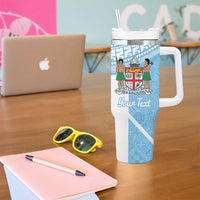 Custom Fiji Tapa Rugby Tumbler With Handle Flying Fijian Blue And White Version