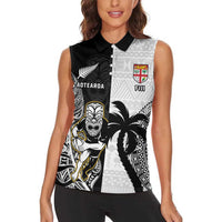 Custom Fiji And New Zealand Rugby Women Sleeveless Polo Shirt Aotearoa Silver Fern Mix Fijian Tapa Pattern