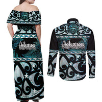 Kia Ora New Zealand Couples Matching Off Shoulder Maxi Dress and Long Sleeve Button Shirt Aotearoa Proud Maori Paua Shell Silver Fern - Polynesian Pride