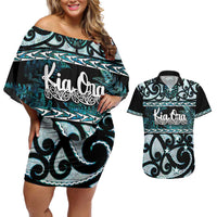 Kia Ora New Zealand Couples Matching Off Shoulder Short Dress and Hawaiian Shirt Aotearoa Proud Maori Paua Shell Silver Fern - Polynesian Pride