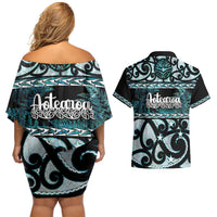Kia Ora New Zealand Couples Matching Off Shoulder Short Dress and Hawaiian Shirt Aotearoa Proud Maori Paua Shell Silver Fern - Polynesian Pride