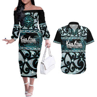 Kia Ora New Zealand Couples Matching Off The Shoulder Long Sleeve Dress and Hawaiian Shirt Aotearoa Proud Maori Paua Shell Silver Fern - Polynesian Pride