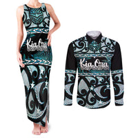 Kia Ora New Zealand Couples Matching Tank Maxi Dress and Long Sleeve Button Shirt Aotearoa Proud Maori Paua Shell Silver Fern - Polynesian Pride