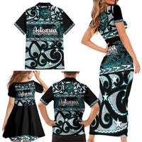 Kia Ora New Zealand Family Matching Short Sleeve Bodycon Dress and Hawaiian Shirt Aotearoa Proud Maori Paua Shell Silver Fern - Polynesian Pride