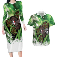 Piwakawaka New Zealand Christmas In July Couples Matching Long Sleeve Bodycon Dress and Hawaiian Shirt NZ Aroha Koru Fern Marble Vibes LT14 Green - Polynesian Pride
