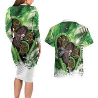 Piwakawaka New Zealand Christmas In July Couples Matching Long Sleeve Bodycon Dress and Hawaiian Shirt NZ Aroha Koru Fern Marble Vibes LT14 - Polynesian Pride