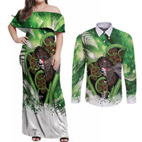 Piwakawaka New Zealand Christmas In July Couples Matching Off Shoulder Maxi Dress and Long Sleeve Button Shirt NZ Aroha Koru Fern Marble Vibes LT14 Green - Polynesian Pride