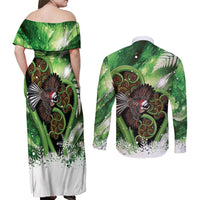 Piwakawaka New Zealand Christmas In July Couples Matching Off Shoulder Maxi Dress and Long Sleeve Button Shirt NZ Aroha Koru Fern Marble Vibes LT14 - Polynesian Pride