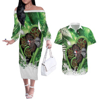 Piwakawaka New Zealand Christmas In July Couples Matching Off The Shoulder Long Sleeve Dress and Hawaiian Shirt NZ Aroha Koru Fern Marble Vibes LT14 Green - Polynesian Pride