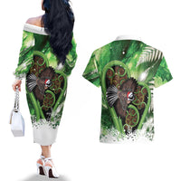 Piwakawaka New Zealand Christmas In July Couples Matching Off The Shoulder Long Sleeve Dress and Hawaiian Shirt NZ Aroha Koru Fern Marble Vibes
