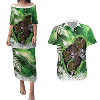 Piwakawaka New Zealand Christmas In July Couples Matching Puletasi and Hawaiian Shirt NZ Aroha Koru Fern Marble Vibes LT14 Green - Polynesian Pride
