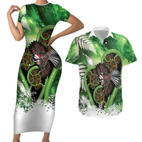 Piwakawaka New Zealand Christmas In July Couples Matching Short Sleeve Bodycon Dress and Hawaiian Shirt NZ Aroha Koru Fern Marble Vibes LT14 Green - Polynesian Pride