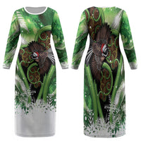 Piwakawaka New Zealand Christmas In July Family Matching Long Sleeve Bodycon Dress and Hawaiian Shirt NZ Aroha Koru Fern Marble Vibes LT14 Mom's Dress Green - Polynesian Pride