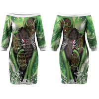 Piwakawaka New Zealand Christmas In July Family Matching Off The Shoulder Long Sleeve Dress and Hawaiian Shirt NZ Aroha Koru Fern Marble Vibes LT14 Mom's Dress Green - Polynesian Pride