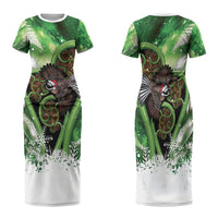 Piwakawaka New Zealand Christmas In July Family Matching Short Sleeve Bodycon Dress and Hawaiian Shirt NZ Aroha Koru Fern Marble Vibes LT14 Mom's Dress Green - Polynesian Pride