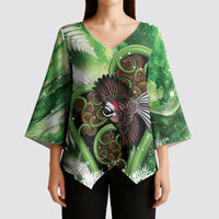 Piwakawaka New Zealand Christmas In July Kimono Sleeve Blouse NZ Aroha Koru Fern Marble Vibes