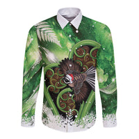 Piwakawaka New Zealand Christmas In July Long Sleeve Button Shirt NZ Aroha Koru Fern Marble Vibes LT14 Unisex Green - Polynesian Pride