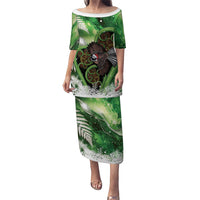 Piwakawaka New Zealand Christmas In July Puletasi NZ Aroha Koru Fern Marble Vibes LT14 Long Dress Green - Polynesian Pride