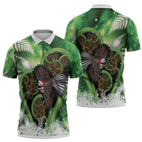 Piwakawaka New Zealand Christmas In July Zipper Polo Shirt NZ Aroha Koru Fern Marble Vibes