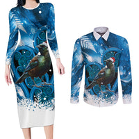 Tui Bird New Zealand Christmas In July Couples Matching Long Sleeve Bodycon Dress and Long Sleeve Button Shirt NZ Aroha Koru Fern Marble Vibes LT14 Blue - Polynesian Pride