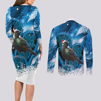 Tui Bird New Zealand Christmas In July Couples Matching Long Sleeve Bodycon Dress and Long Sleeve Button Shirt NZ Aroha Koru Fern Marble Vibes LT14 - Polynesian Pride
