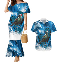 Tui Bird New Zealand Christmas In July Couples Matching Mermaid Dress and Hawaiian Shirt NZ Aroha Koru Fern Marble Vibes LT14 Blue - Polynesian Pride