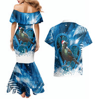 Tui Bird New Zealand Christmas In July Couples Matching Mermaid Dress and Hawaiian Shirt NZ Aroha Koru Fern Marble Vibes LT14 - Polynesian Pride