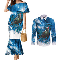Tui Bird New Zealand Christmas In July Couples Matching Mermaid Dress and Long Sleeve Button Shirt NZ Aroha Koru Fern Marble Vibes