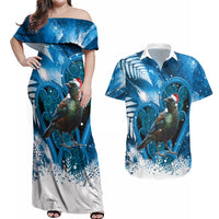 Tui Bird New Zealand Christmas In July Couples Matching Off Shoulder Maxi Dress and Hawaiian Shirt NZ Aroha Koru Fern Marble Vibes LT14 Blue - Polynesian Pride