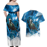 Tui Bird New Zealand Christmas In July Couples Matching Off Shoulder Maxi Dress and Hawaiian Shirt NZ Aroha Koru Fern Marble Vibes LT14 - Polynesian Pride