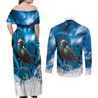Tui Bird New Zealand Christmas In July Couples Matching Off Shoulder Maxi Dress and Long Sleeve Button Shirt NZ Aroha Koru Fern Marble Vibes