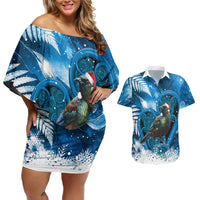 Tui Bird New Zealand Christmas In July Couples Matching Off Shoulder Short Dress and Hawaiian Shirt NZ Aroha Koru Fern Marble Vibes LT14 Blue - Polynesian Pride