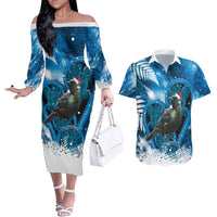 Tui Bird New Zealand Christmas In July Couples Matching Off The Shoulder Long Sleeve Dress and Hawaiian Shirt NZ Aroha Koru Fern Marble Vibes LT14 Blue - Polynesian Pride