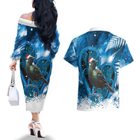Tui Bird New Zealand Christmas In July Couples Matching Off The Shoulder Long Sleeve Dress and Hawaiian Shirt NZ Aroha Koru Fern Marble Vibes LT14 - Polynesian Pride