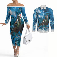 Tui Bird New Zealand Christmas In July Couples Matching Off The Shoulder Long Sleeve Dress and Long Sleeve Button Shirt NZ Aroha Koru Fern Marble Vibes LT14 Blue - Polynesian Pride