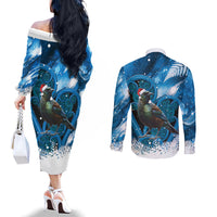 Tui Bird New Zealand Christmas In July Couples Matching Off The Shoulder Long Sleeve Dress and Long Sleeve Button Shirt NZ Aroha Koru Fern Marble Vibes LT14 - Polynesian Pride