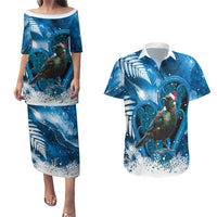 Tui Bird New Zealand Christmas In July Couples Matching Puletasi and Hawaiian Shirt NZ Aroha Koru Fern Marble Vibes LT14 Blue - Polynesian Pride