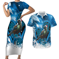 Tui Bird New Zealand Christmas In July Couples Matching Short Sleeve Bodycon Dress and Hawaiian Shirt NZ Aroha Koru Fern Marble Vibes LT14 Blue - Polynesian Pride