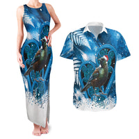 Tui Bird New Zealand Christmas In July Couples Matching Tank Maxi Dress and Hawaiian Shirt NZ Aroha Koru Fern Marble Vibes LT14 Blue - Polynesian Pride