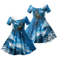 Tui Bird New Zealand Christmas In July Family Matching Long Sleeve Bodycon Dress and Hawaiian Shirt NZ Aroha Koru Fern Marble Vibes LT14 Daughter's Dress Blue - Polynesian Pride