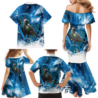 Tui Bird New Zealand Christmas In July Family Matching Mermaid Dress and Hawaiian Shirt NZ Aroha Koru Fern Marble Vibes LT14 Mom's Dress Blue - Polynesian Pride