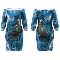 Tui Bird New Zealand Christmas In July Family Matching Off The Shoulder Long Sleeve Dress and Hawaiian Shirt NZ Aroha Koru Fern Marble Vibes LT14 Mom's Dress Blue - Polynesian Pride