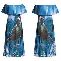 Tui Bird New Zealand Christmas In July Family Matching Off Shoulder Maxi Dress and Hawaiian Shirt NZ Aroha Koru Fern Marble Vibes LT14 Mom's Dress Blue - Polynesian Pride