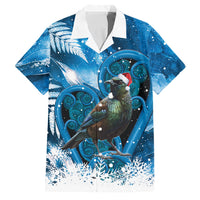 Tui Bird New Zealand Christmas In July Family Matching Off Shoulder Maxi Dress and Hawaiian Shirt NZ Aroha Koru Fern Marble Vibes LT14 Dad's Shirt - Short Sleeve Blue - Polynesian Pride
