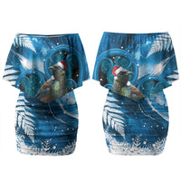 Tui Bird New Zealand Christmas In July Family Matching Off Shoulder Short Dress and Hawaiian Shirt NZ Aroha Koru Fern Marble Vibes LT14 Mom's Dress Blue - Polynesian Pride