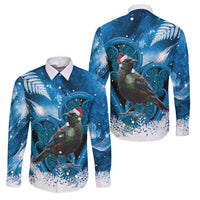 Tui Bird New Zealand Christmas In July Family Matching Off Shoulder Short Dress and Hawaiian Shirt NZ Aroha Koru Fern Marble Vibes LT14 Dad's Shirt - Long Sleeve Blue - Polynesian Pride